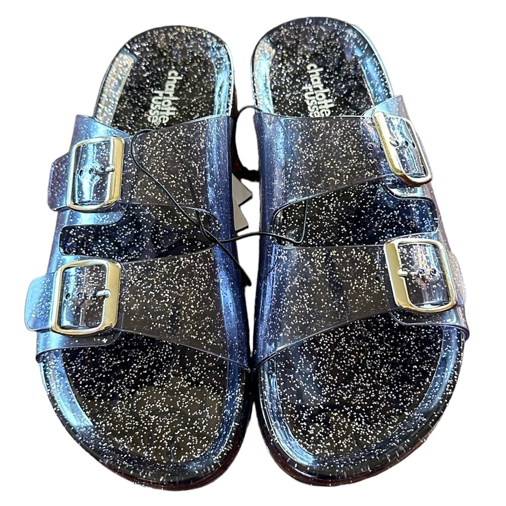 Footbed Double Strap Slip on Jelly Sandals Purple Glitter Size 6
